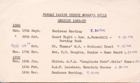 Forgan Church Women's Guild Programme 1969 - 1970